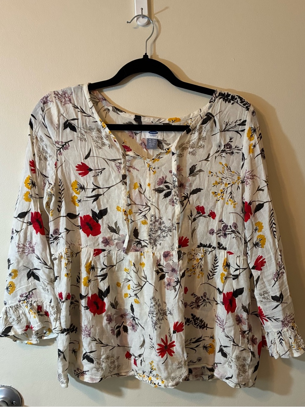 Old Navy White Floral Peasant Blouse Tie-Neck Lightweight Ruffle Boho Fairy XL